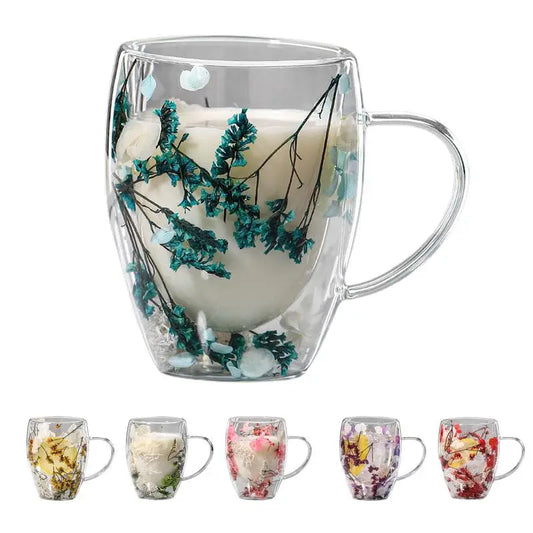 Fillings Dry Flowers Double Wall Glass Cup With Handle Heat Resistant Tea Coffee Cups Espresso Milk Mug Creative Gift 350ml